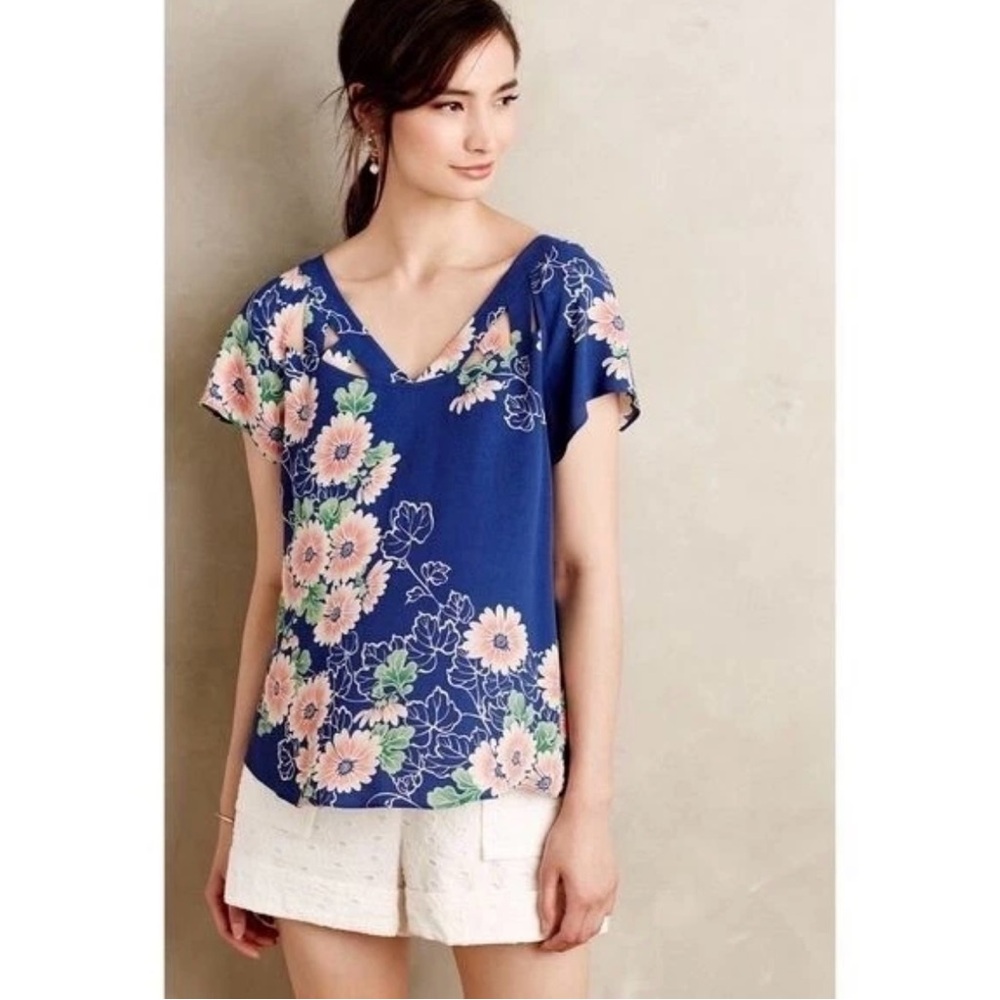 Maeve Anthropologie Merona Lattice Cutout Blue Floral Short Sleeve Blouse Size 6